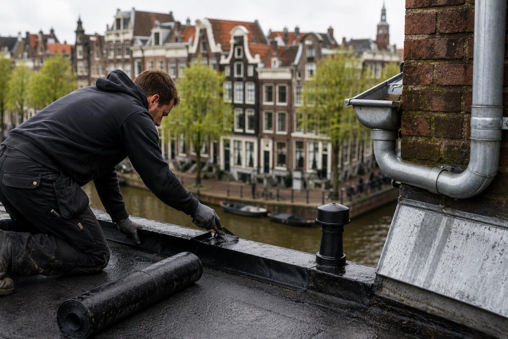 Illustratie van vochtprobleem en waterschade in een Amsterdam-woning met zichtbare vochtplekken aan muren en dak